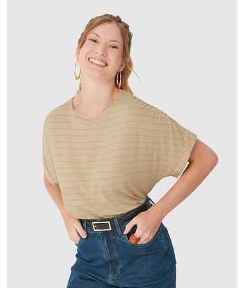 Blusa Ampla Feminina Listrada Manga Curta Em Malha Viscose Texturizada
