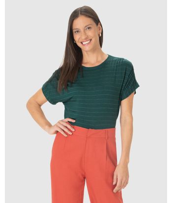 Blusa Ampla Feminina Listrada Manga Curta Em Malha Viscose Texturizada