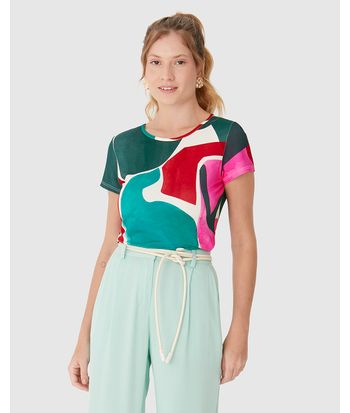 Blusa Feminina Manga Curta Estampa Geométrica Em Viscose Stretch