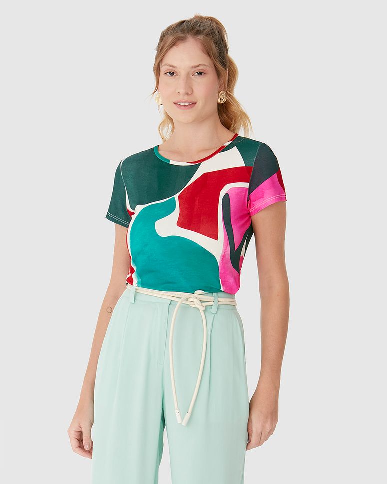 Blusa Feminina Manga Curta Estampa Geométrica Em Viscose Stretch