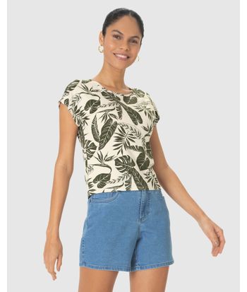 Blusa Feminina Estampada Decote Redondo Manga Curta Em Viscose Stretch