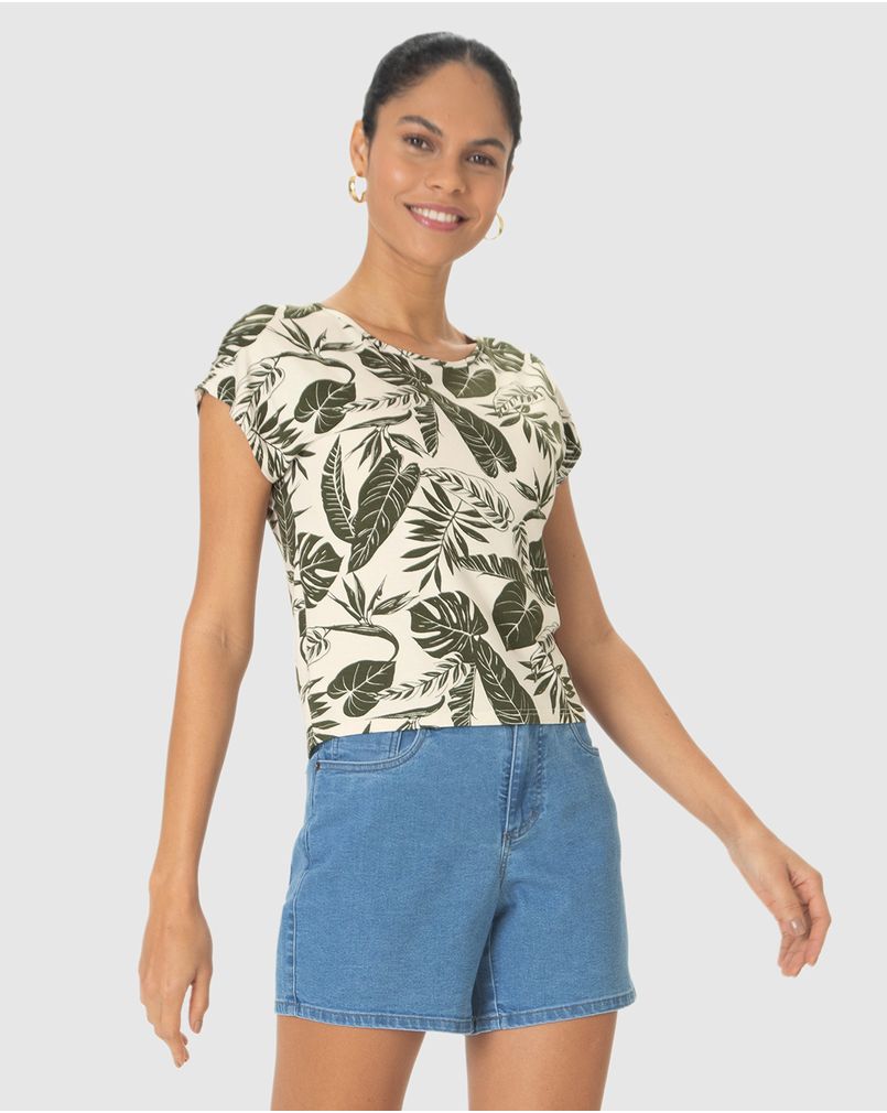 Blusa Feminina Estampada Decote Redondo Manga Curta Em Viscose OFF