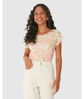 Blusa Feminina Estampada Decote Redondo Manga Curta Em Viscose Stretch