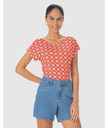 Blusa Feminina Estampada Decote Redondo Manga Curta Em Viscose Stretch