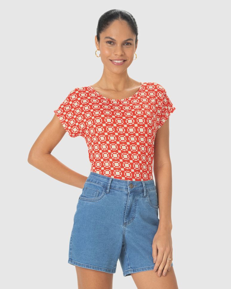 Blusa Feminina Estampada Decote Redondo Manga Curta Em Viscose Stretch