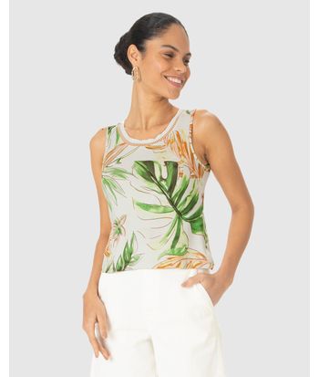Regata Feminina Estampada Decote U Retilínea Em Malha Viscolinho Stretch