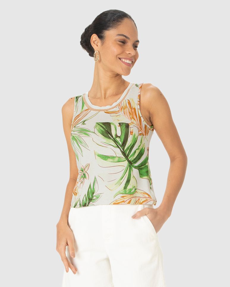 Regata Feminina Estampada Decote U Retilínea Em Malha Viscolinho Stretch