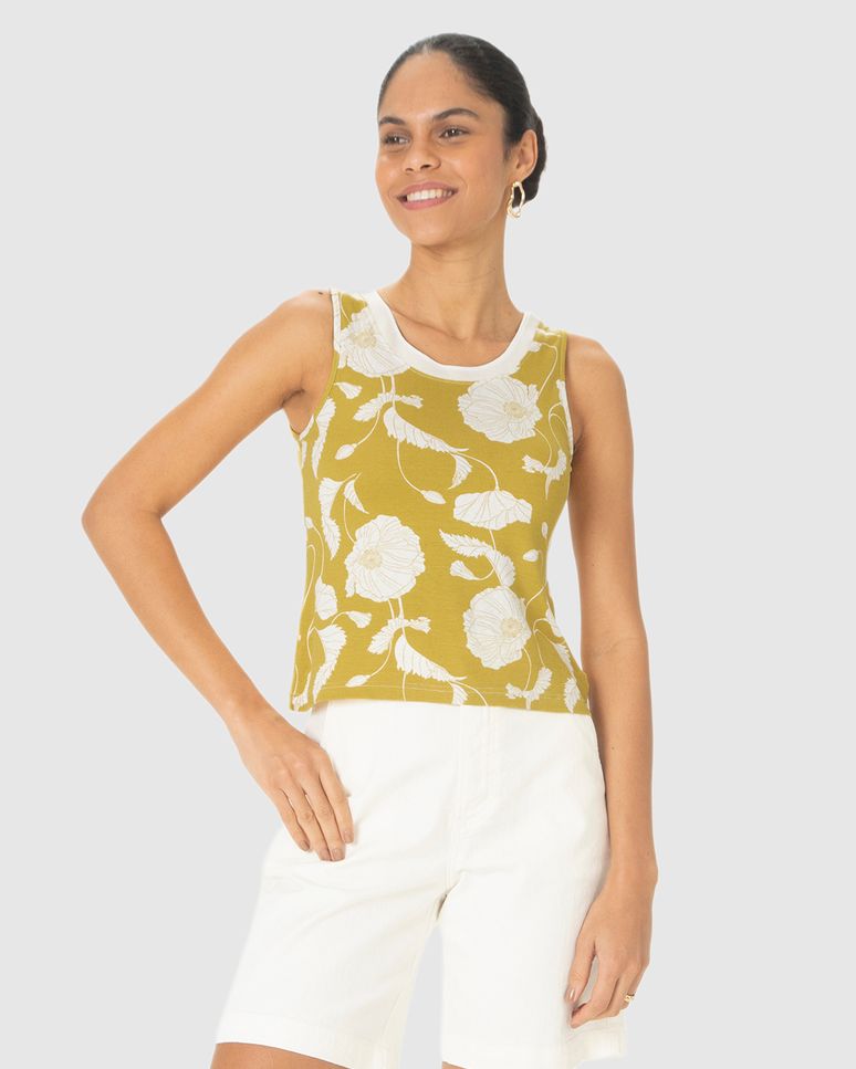 Regata Feminina Estampada Decote U Retilínea Em Malha Viscolinho Stretch