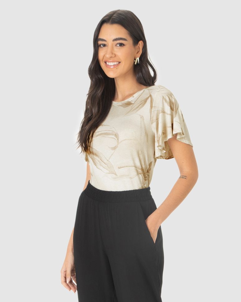 Blusa Ampla Feminina Estampa Folhagem Em Malha Viscolinho Stretch