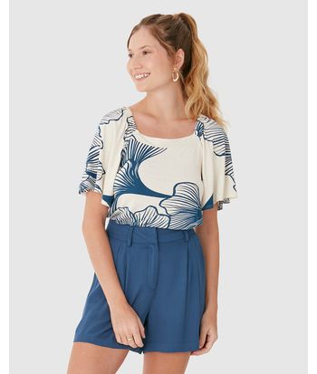 Blusa Feminina Estampada Decote Reto Em Malha Viscolinho Stretch