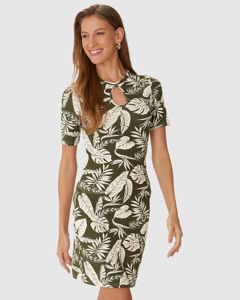 Vestido Feminino Justo Decote Detalhe Vazado Em Malha Viscose Canelada