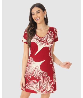 Vestido Feminino Evasê Estampado Decote V Manga Curta Em Viscose Stretch