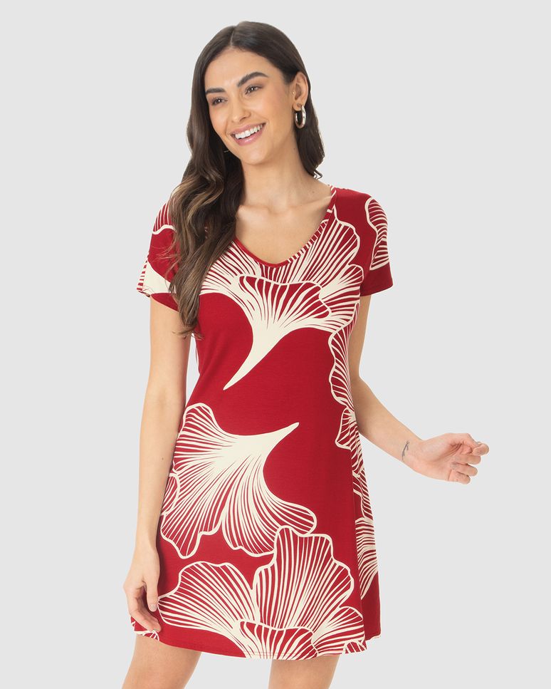 Vestido Feminino Evasê Estampado Decote V Manga Curta Em Viscose Stretch