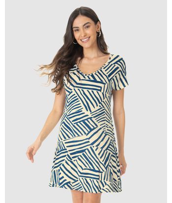 Vestido Feminino Evasê Estampado Decote V Manga Curta Em Viscose Stretch