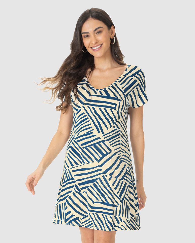 Vestido Feminino Evasê Estampado Decote V Manga Curta Em Viscose Stretch