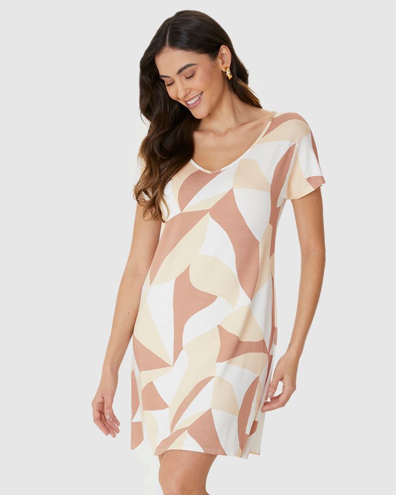 Vestido Feminino Evasê Estampado Decote V Manga Curta Em Viscose Stretch