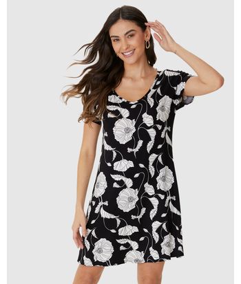 Vestido Feminino Evasê Estampado Decote V Manga Curta Em Viscose Stretch