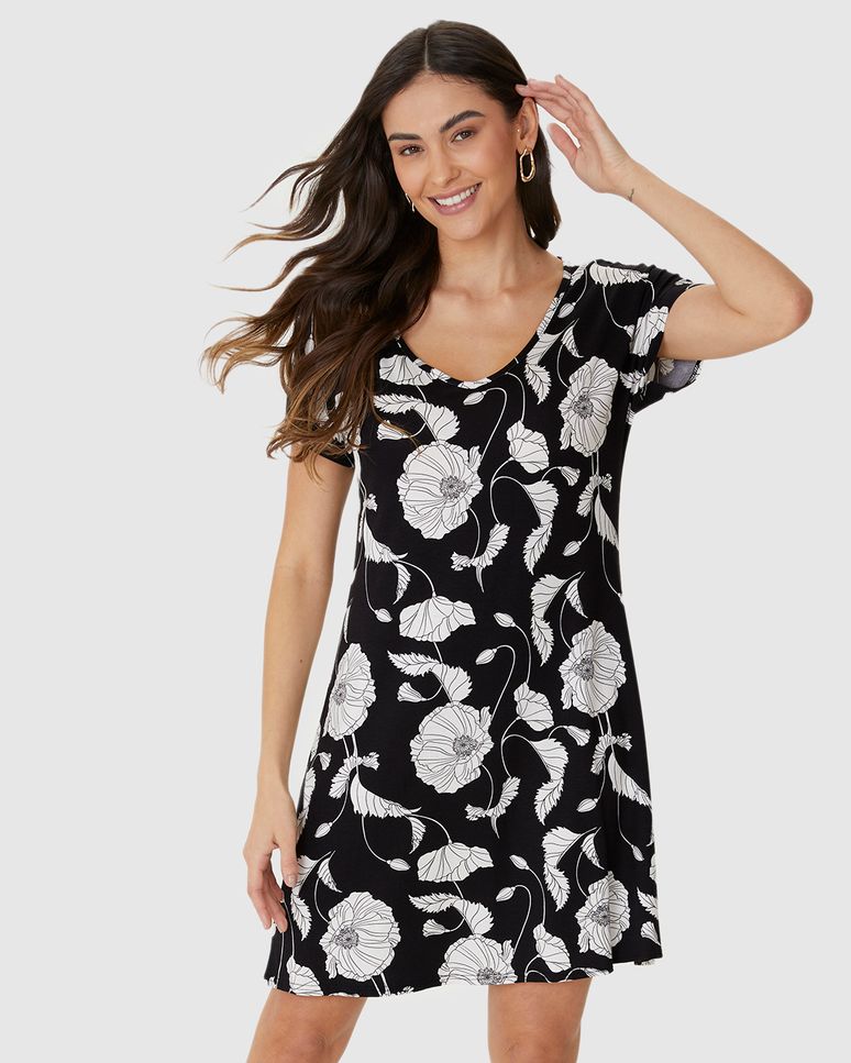 Vestido Feminino Evasê Estampado Decote V Manga Curta Em Viscose Stretch