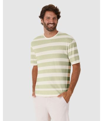 Camiseta Masculina Relaxed Fit Listrada Em Malha Linho
