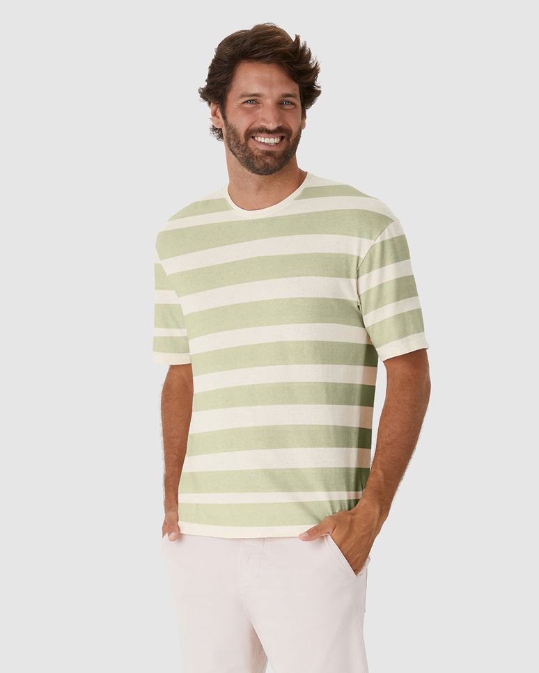 Camiseta Masculina Relaxed Fit Listrada Em Malha Linho