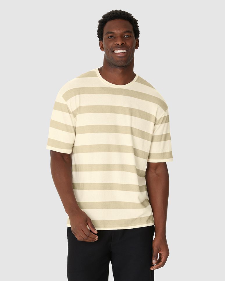 Camiseta Masculina Relaxed Fit Listrada Em Malha Linho