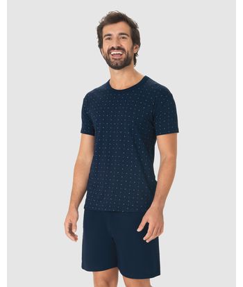 Pijama Curto Masculino Camiseta Estampada E Shorts Em Algodão