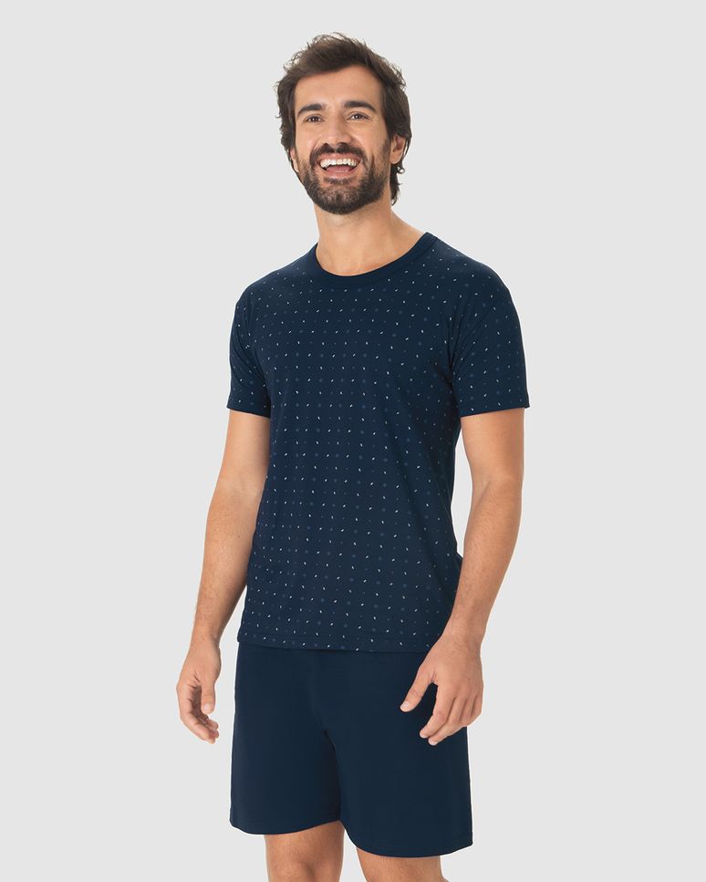 Pijama Curto Masculino Camiseta Estampada E Shorts Em Algodão