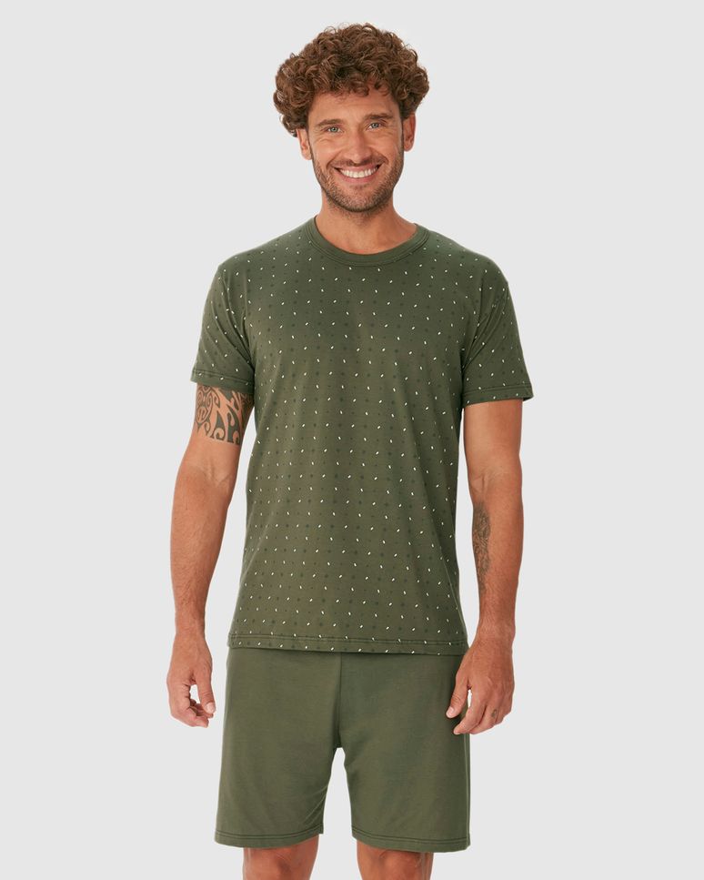 Pijama Curto Masculino Camiseta Estampada E Shorts Em Algodão