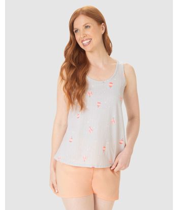 Pijama Curto Feminino Sem Manga Estampado Em Algodão