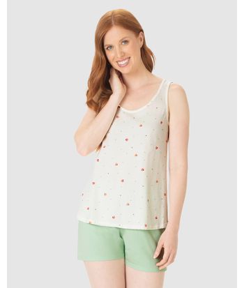 Pijama Curto Feminino Sem Manga Estampado Em Algodão