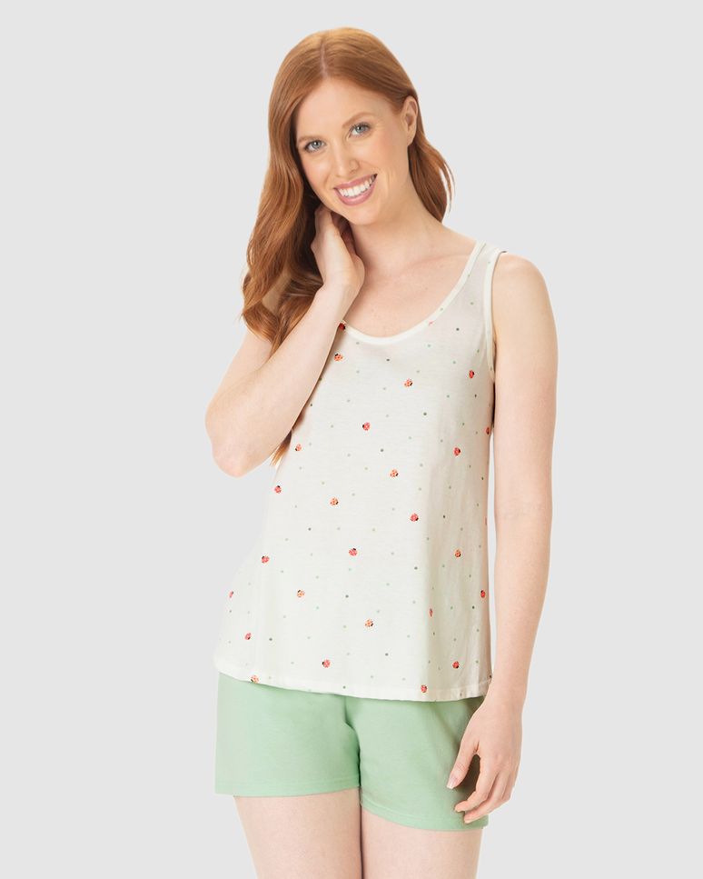 Pijama Curto Feminino Sem Manga Estampado Em Algodão