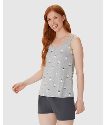 Pijama Curto Feminino Sem Manga Estampado Em Algodão
