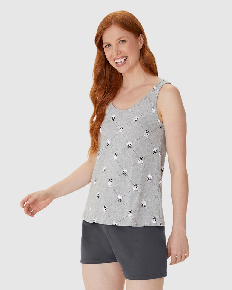 Pijama Curto Feminino Sem Manga Estampado Em Algodão