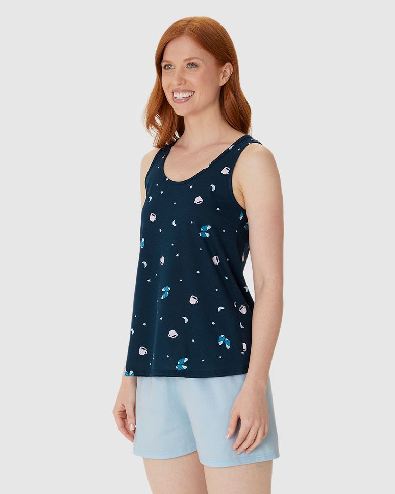 Pijama Curto Feminino Sem Manga Estampado Em Algodão