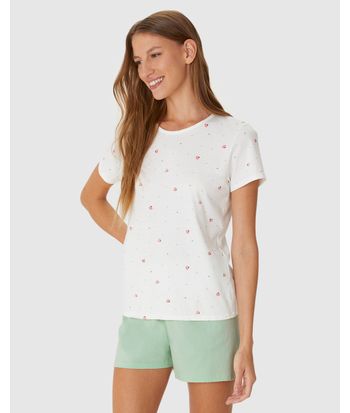 Pijama Curto Feminino Manga Curta Estampado Em Algodão