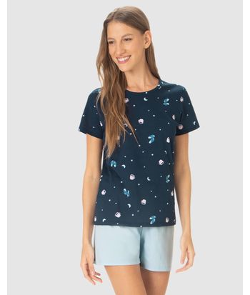 Pijama Curto Feminino Manga Curta Estampado Em Algodão