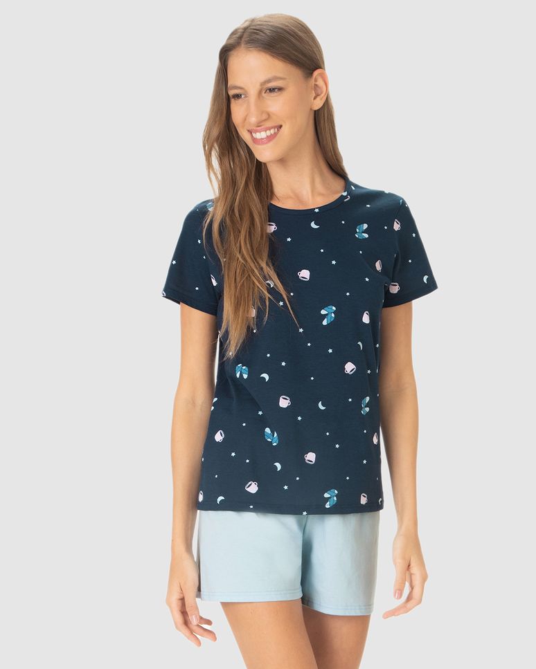 Pijama Curto Feminino Manga Curta Estampado Em Algodão