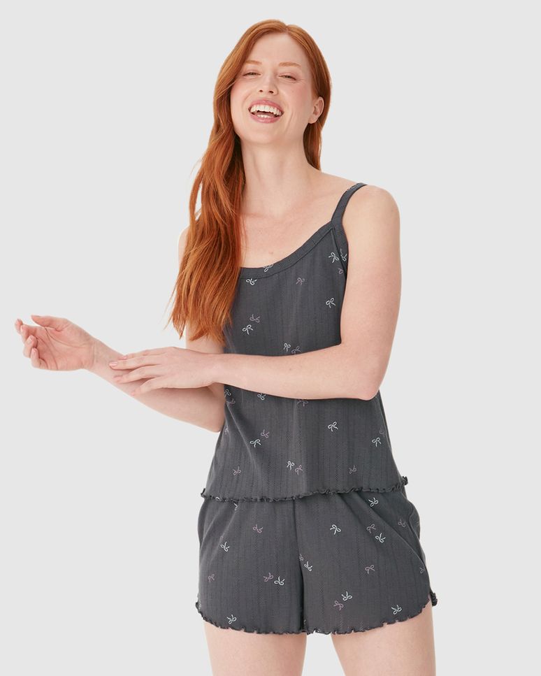 Pijama Curto Feminino Estampado Em Malha Jacquard Texturizada