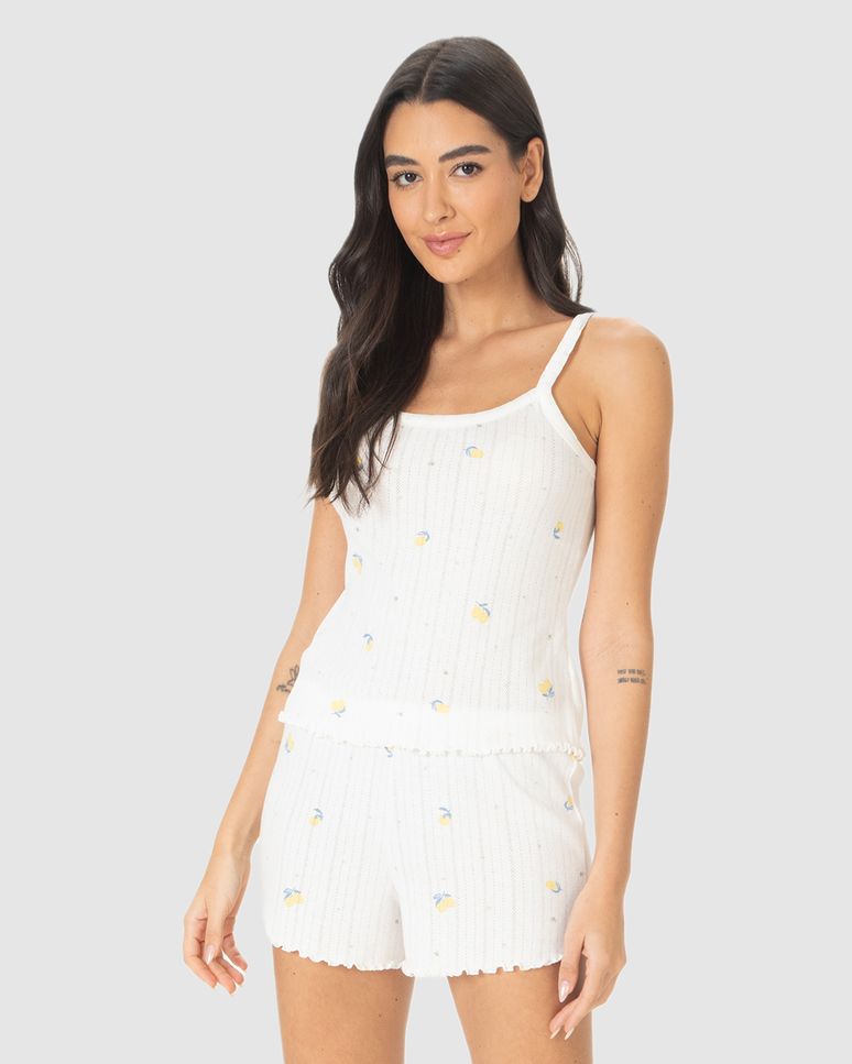 Pijama Curto Feminino Estampado Em Malha Jacquard Texturizada