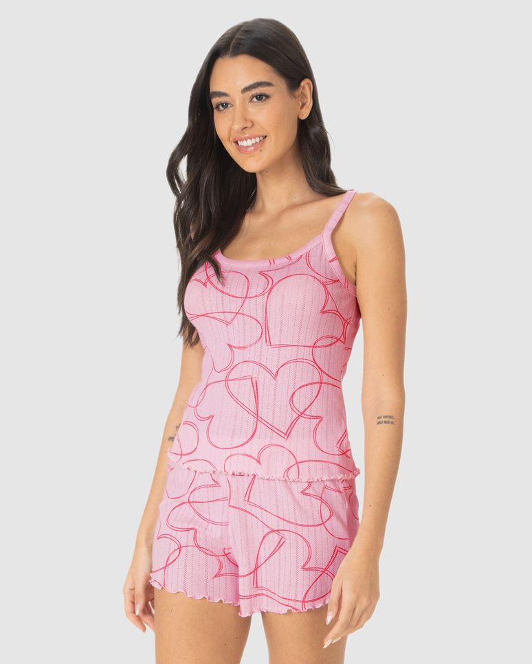 Pijama Curto Feminino Estampado Em Malha Jacquard Texturizada