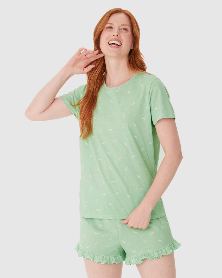 Pijama Curto Feminino Estampado Shorts Barra Picot Em Algodão