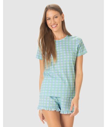 Pijama Curto Feminino Estampado Shorts Barra Picot Em Algodão