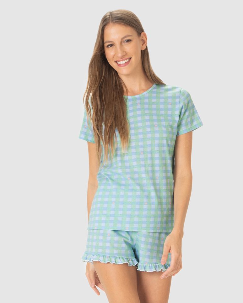 Pijama Curto Feminino Estampado Shorts Barra Picot Em Algodão