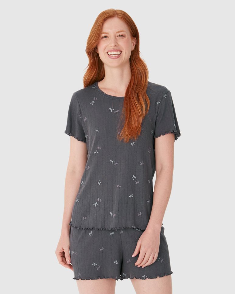 Pijama Curto Feminino Estampado Blusa Manga Curta Malha Jacquard Texturizada