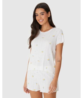Pijama Curto Feminino Estampado Blusa Manga Curta Malha Jacquard Texturizada