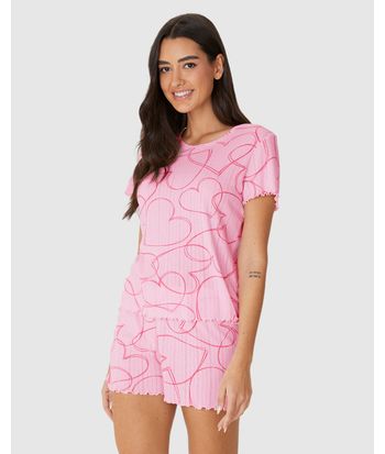 Pijama Curto Feminino Estampado Blusa Manga Curta Malha Jacquard Texturizada