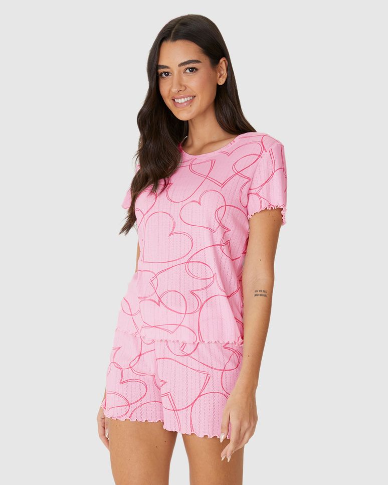 Pijama Curto Feminino Estampado Blusa Manga Curta Malha Jacquard Texturizada