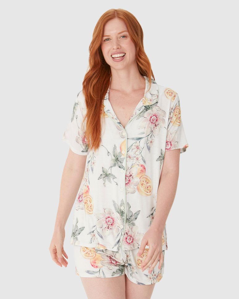 Pijama Curto Feminino Americano Estampado Em Viscose Stretch