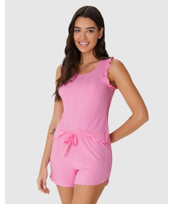 Pijama Curto Feminino Regata Detalhe Babado Em Malha De Viscose Canelada