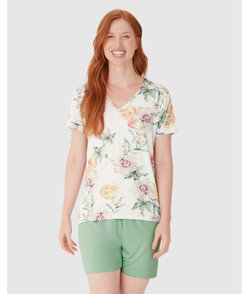 Pijama Curto Feminino Blusa Estampada Decote V Em Viscose Stretch
